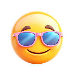 A happy yellow emoji face wearing cool pink sunglasses with blue lenses, isolated on a transparent background