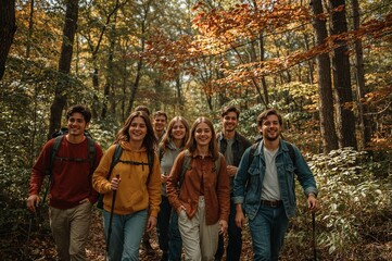 Group of friends hiking in autumn forest with walking sticks