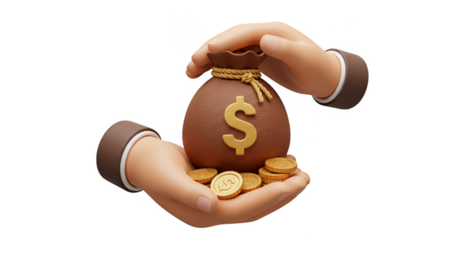 3D Hands Hold Brown Money Bag with Gold Coins Abundance Wealth