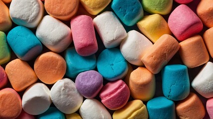 A colorful assortment of marshmallows in various shapes and hues, creating a playful and inviting texture.