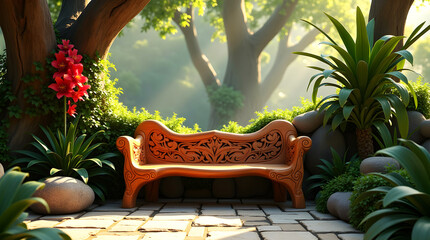 Wooden bench with ornate carvings on stone path surrounded by misty greenery and soft sunlit garden foliage