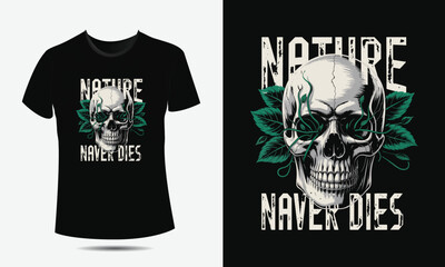 Skull with Green Leaves Vector T-Shirt Design – Botanical Grunge Art with Vines