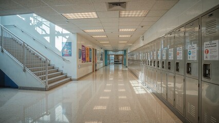 Obraz premium Interior school hallway with lockers and staircase reflecting light.