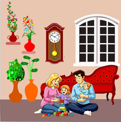 a little happy family, having a good time in the living room.