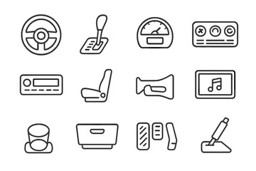 Car dashboard icons collection with steering wheel, pedals, and music controls