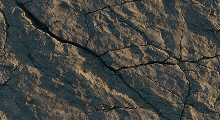Closeup of fractured rock surface with prominent cracks and textured shadows