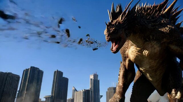 Giant monster destroying city with fire breath