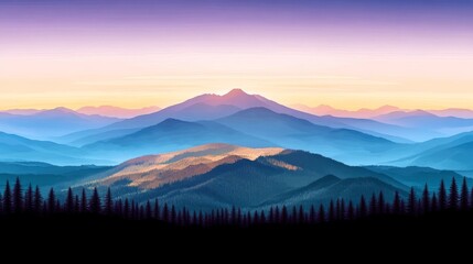 Fototapeta premium Breathtaking Layered Mountain Range Under a Vibrant Sunset Sky with Serene Pine Forest Landscape