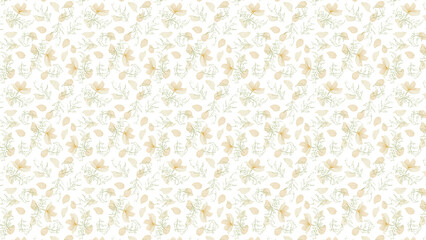 Delicate floral pattern with light yellow flowers and leaves on a white background repeating design