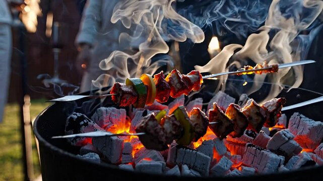 Grilling barbecue skewers over hot charcoal. Juicy meat and vegetables roast on open flame. Smoke rises from grill. Outdoor bbq setup. Grilling meat party moment. Summer grilling food fun outdoors