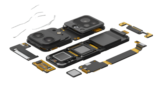 3D Render Exploded View Mobile Phone Component with Black Background