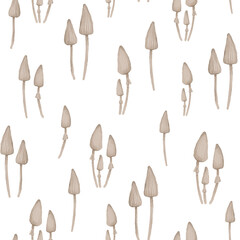 White poison mushrooms seamless pattern, hand draw magic woodland wallpaper, transparent background