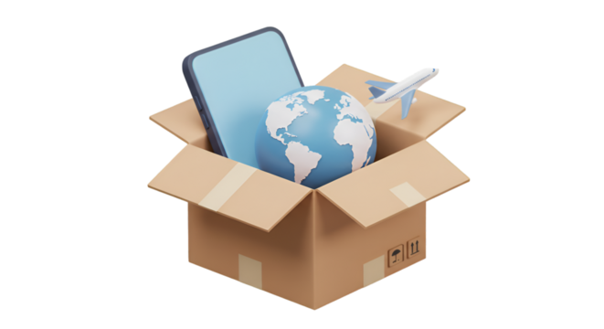 3d Illustration Of Delivery Package With Globe And Airplane For Worldwide Shipping