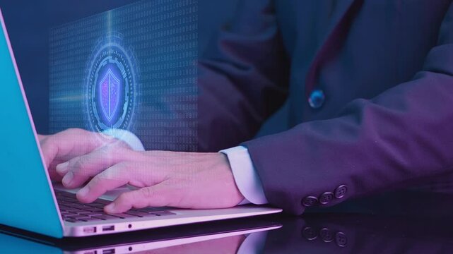 Digital system dashboard displays identity verification, system scan, and security monitoring interface with user ID, biometric check, and alert signal visualization.