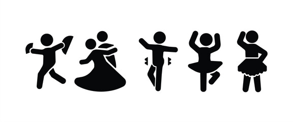 Dance icon set with various styles. Among them are Squere, Ballroom, Belly dance, Ballet and Latin dance, Flat icon of Dance with transparent background.