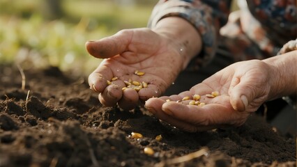 a close-up of a female farmer's hands gently scattering seeds into fertilized soil. the concept of organic bio-agriculture in agriculture and spring gardening. planting season