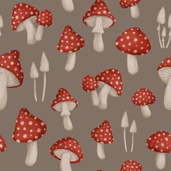 Cartoon fly agaric, fungus, poison mushrooms seamless pattern, hand draw magic woodland wallpaper, grey background
