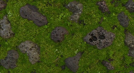 Closeup of vibrant green moss covering the ground interspersed with dark porous volcanic rocks and small plants