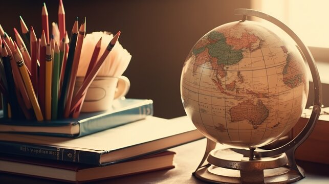 A close-up of a vintage school globe, surrounded by open books and pencils, soft natural lighting
