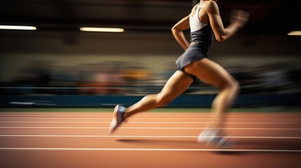 A runner sprinting on a track, motion blur showing speed