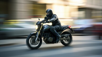A person riding a motorcycle through city streets, motion blur background
