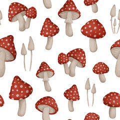 Cartoon fly agaric, fungus, poison mushrooms seamless pattern, hand draw magic woodland wallpaper, transparent png background