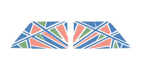 Two mirrored trapezoids filled with colorful triangles and lines in a geometric design style