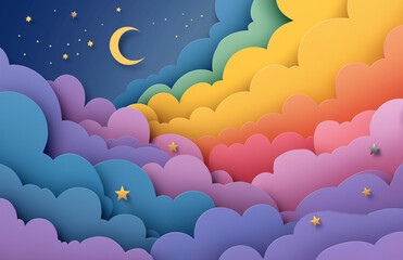 3D paper cut art depicting white clouds with stars
