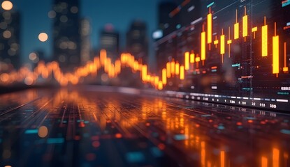 Obraz premium Futuristic Financial Bar Chart over Cityscape – Stock Market and Data Analytics Concept