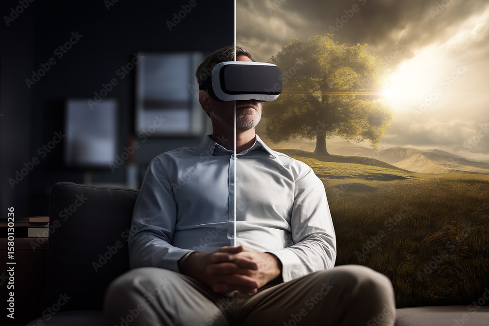 Aufkleber man using virtual reality headset while sitting on a couch. room has modern aesthetics with soft lig