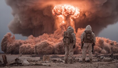 Aliens looking upon the flat destroy earth with nuclear explosion, mushroom cloud in the time of Armageddon with the four horseman of the apocalypses in a dark and sinister background setting
