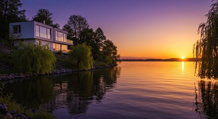Obraz premium Modern house on lakefront property reflecting sunset colors in the water