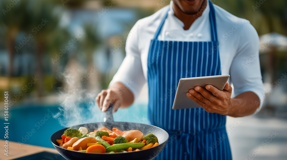 Poster chef skillfully stirs fresh vegetables in a frying pan while checking a recipe on a tablet. outdoor 