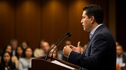 Male public speaker giving motivational speech at podium in formal conference room with audience seamless looping 4k time-lapse animation video background
