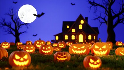 Spooky Halloween night with a scary black cat silhouette, evil pumpkins, and a dark castle illustration perfect for an October celebration