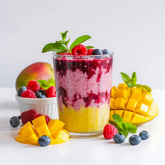 Layered Mango and Berry Smoothie with Fresh Fruits