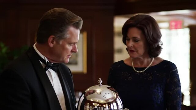 Elegant dining experience with a waiter presenting a covered dish to a sophisticated guest in a luxurious restaurant