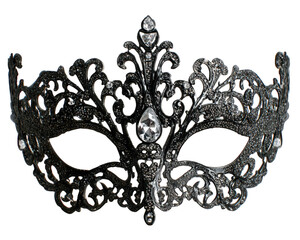 Elegant black face mask with intricate filigree design, sparkling rhinestone accents, and ornate details, perfect for masquerade ball or costume party, isolated on transparency background