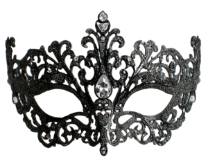 Elegant black face mask with intricate filigree design, sparkling rhinestone accents, and ornate details, perfect for masquerade ball or costume party, isolated on transparency background