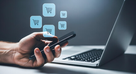 Online shopping mobile ecommerce smartphone digital marketing technology business retail concept shop hand