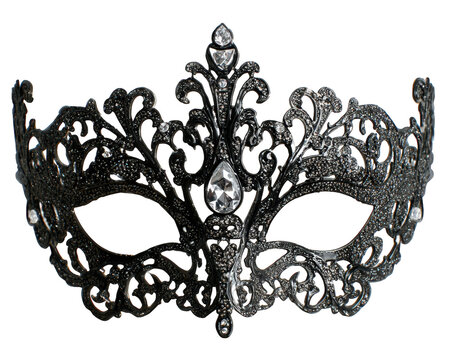 Elegant black face mask with intricate filigree design, sparkling rhinestone accents, and ornate details, perfect for masquerade ball or costume party, isolated on transparency background