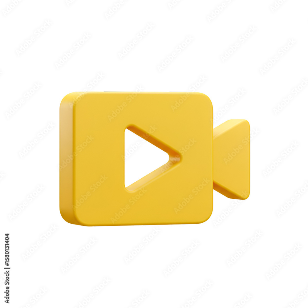 Poster 3d render of a yellow video camera play icon on transparent background