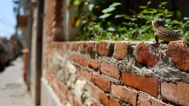 Butterfly lizard resting on a brick wall