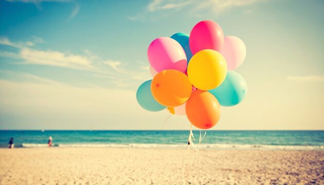 Colorful balloons fly with joy in the blue sky above a summer beach celebration