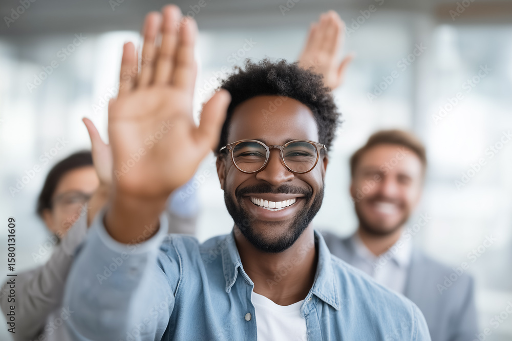 Aufkleber man smiling and waving with enthusiasm in bright modern office. colleagues appear in soft focus behi