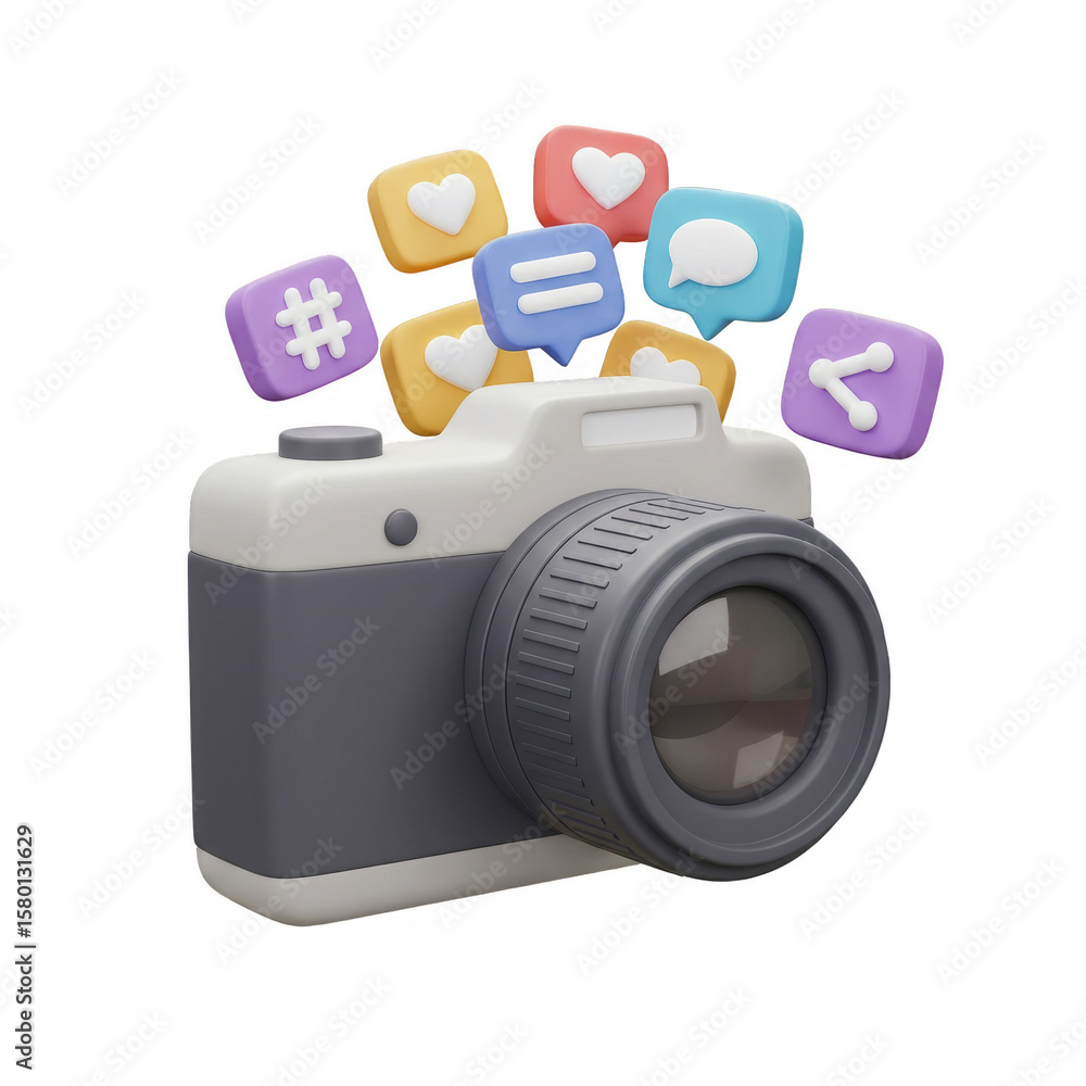 Poster 3d render of camera with social media icons on transparent background