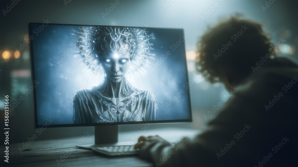 Fototapete individual engaged with computer, intense expression as they view futuristic artwork featuring human