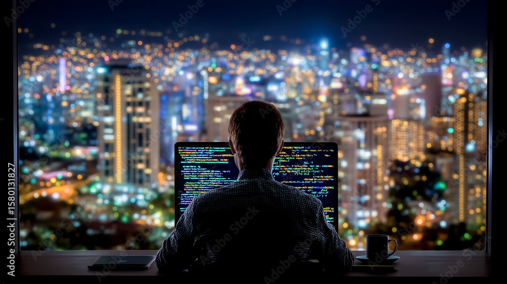 Poster man engaged in programming activity while seated at desk, facing wide city skyline with numerous lig