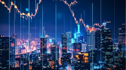 Night city skyline with vibrant lights and digital stock market graphs overlaying the scene - Powered by Adobe