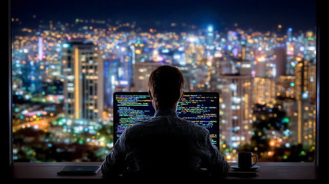 Man engaged in programming activity while seated at desk, facing wide city skyline with numerous lights. Nighttime view creates dynamic atmosphere. Concept of technology, coding, urban lifestyle